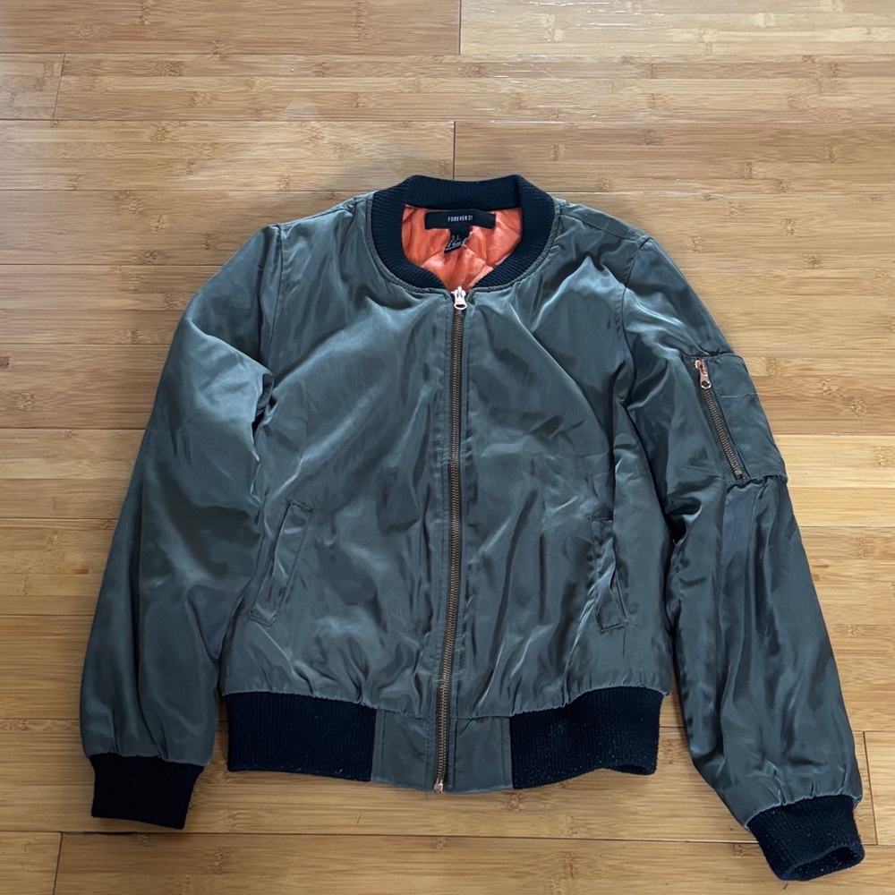 Forever 21 Olive Bomber Jacket with Orange Lining